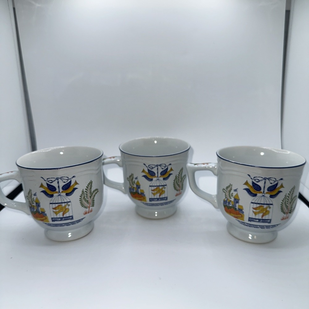 Georges Briard Bird Cage Vintage Mugs Set of 3 Blue Yellow White Japan Ceramic